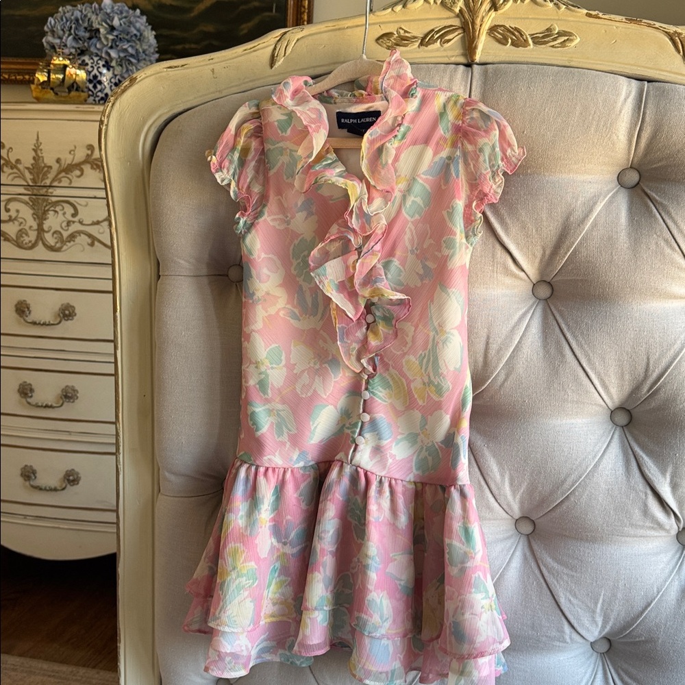 Ralph Lauren Pastel Floral Chiffon Ruffle Dress Easter sz 4 💐☀️💗